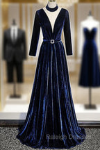 Blue Velvet Long Sleeves Floor Length Wedding Party Dress, Blue Formal Gown