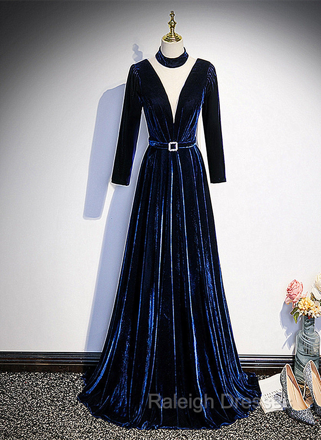 Blue Velvet Long Sleeves Floor Length Wedding Party Dress, Blue Formal Gown Main image