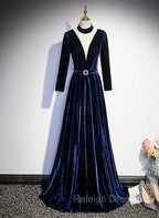Blue Velvet Long Sleeves Floor Length Wedding Party Dress, Blue Formal Gown