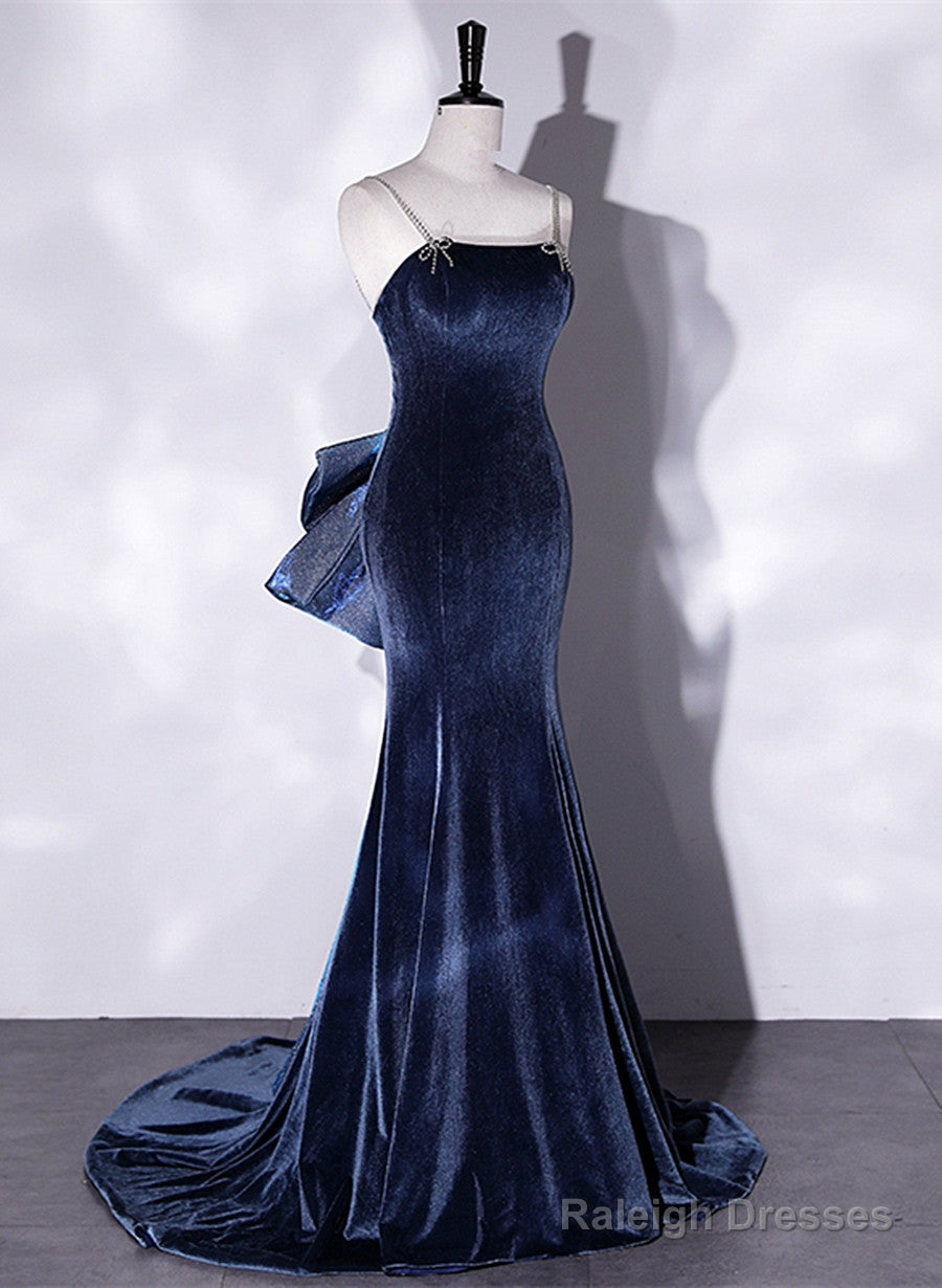 Blue Velvet Mermaid Straps Low Back Party Dress With Bow, Blue Long Evening Dress