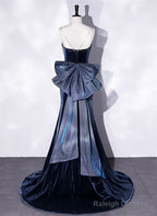 Blue Velvet Mermaid Straps Low Back Prom Dresses With Bow Blue Long Prom Dresses