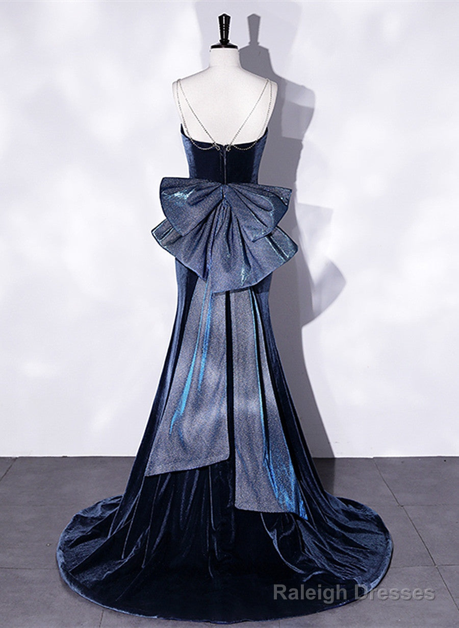 Blue Velvet Mermaid Straps Low Back Prom Dresses With Bow Blue Long Prom Dresses