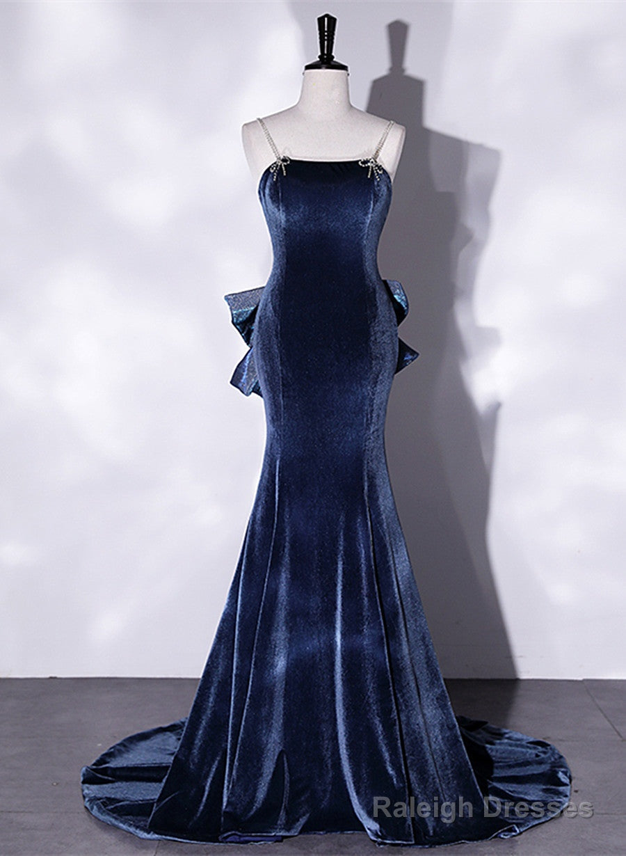Blue Velvet Mermaid Straps Low Back Party Dress With Bow, Blue Long Evening Dress