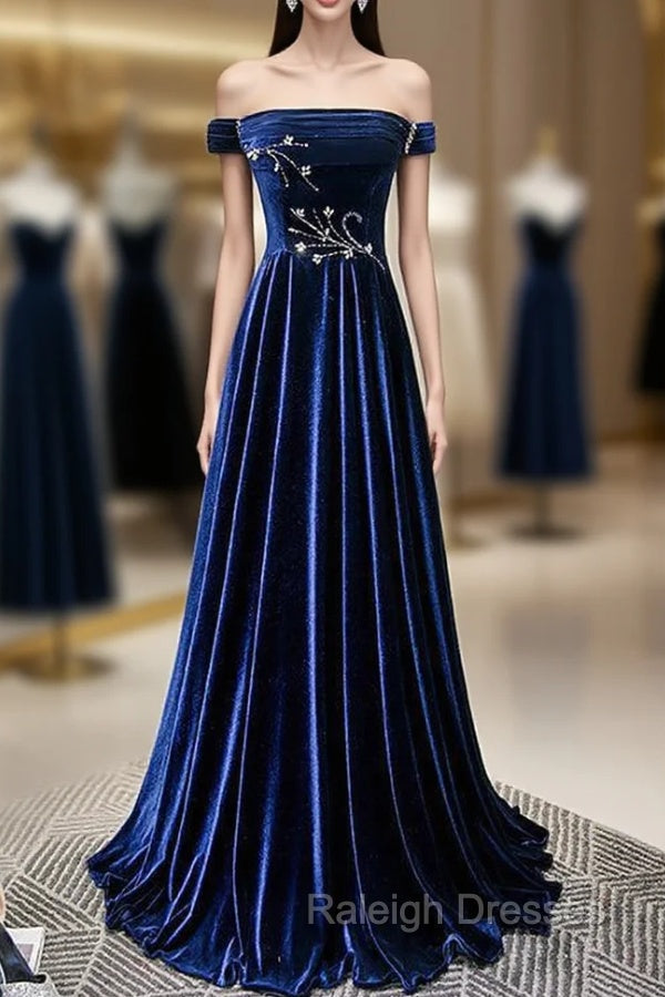 Blue Velvet Off the Shoulder Beading Pleats Prom Dress Main image