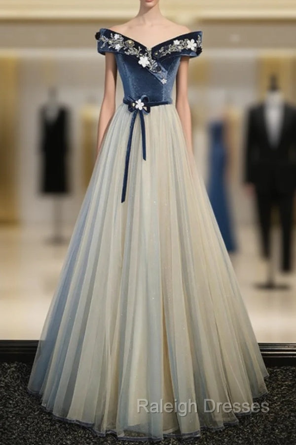 Blue Velvet Off the Shoulder Beading Prom Dress Main image