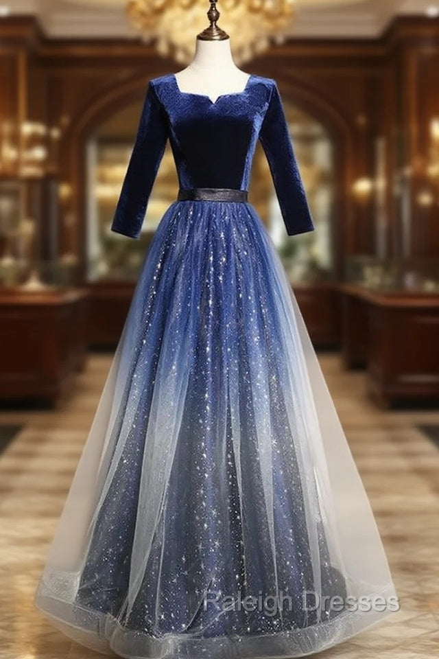Blue Velvet Sequins Short Sleeve Prom Dress Main image
