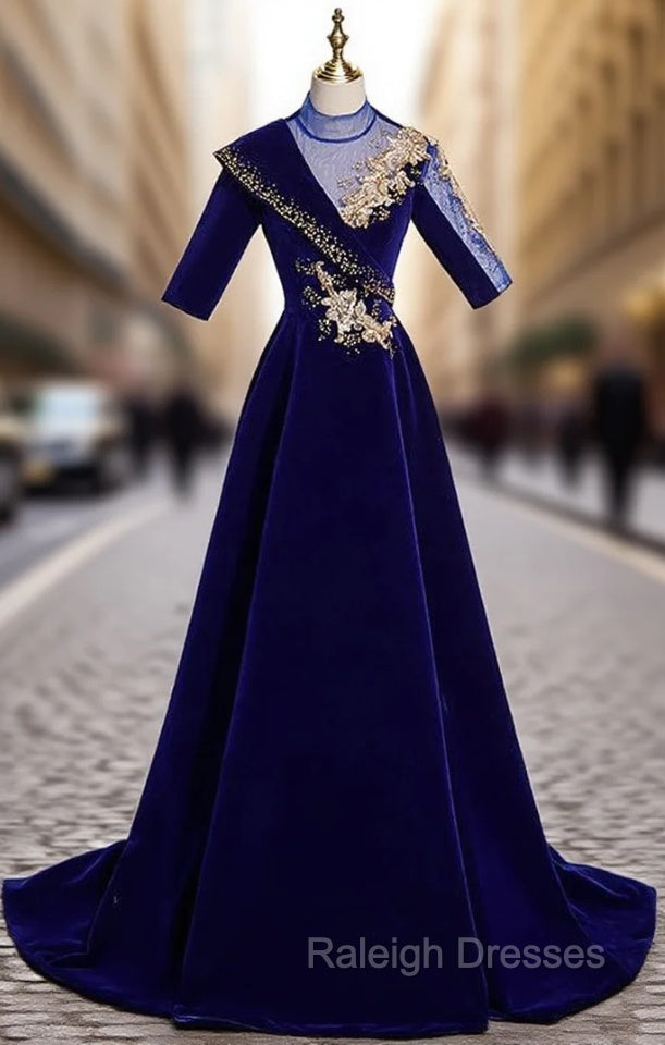Blue Velvet Short Sleeve High Neck Appliques Prom Dress Main image