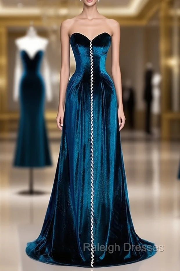Blue Velvet Strapless Beading Prom Dress Main image