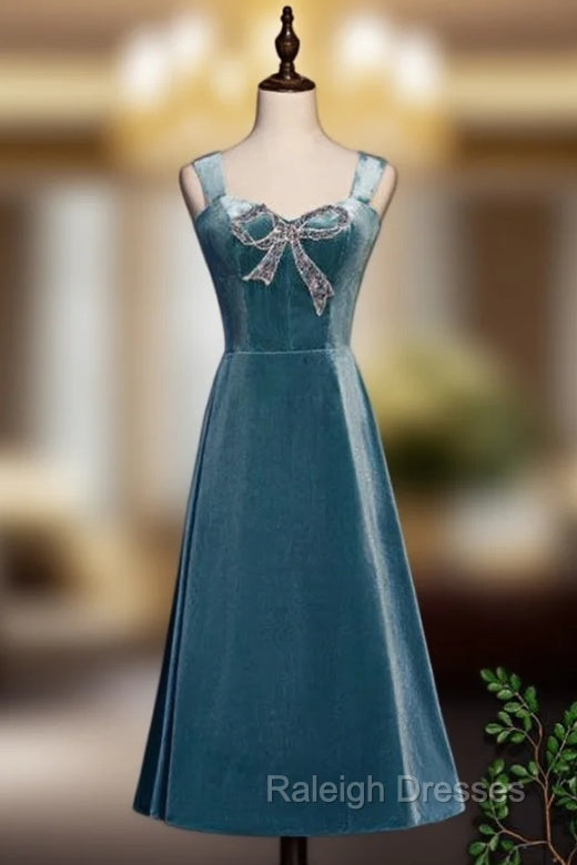 Blue Velvet Straps Beading Tea Length Prom Dress