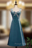 Blue Velvet Straps Beading Tea Length Prom Dress