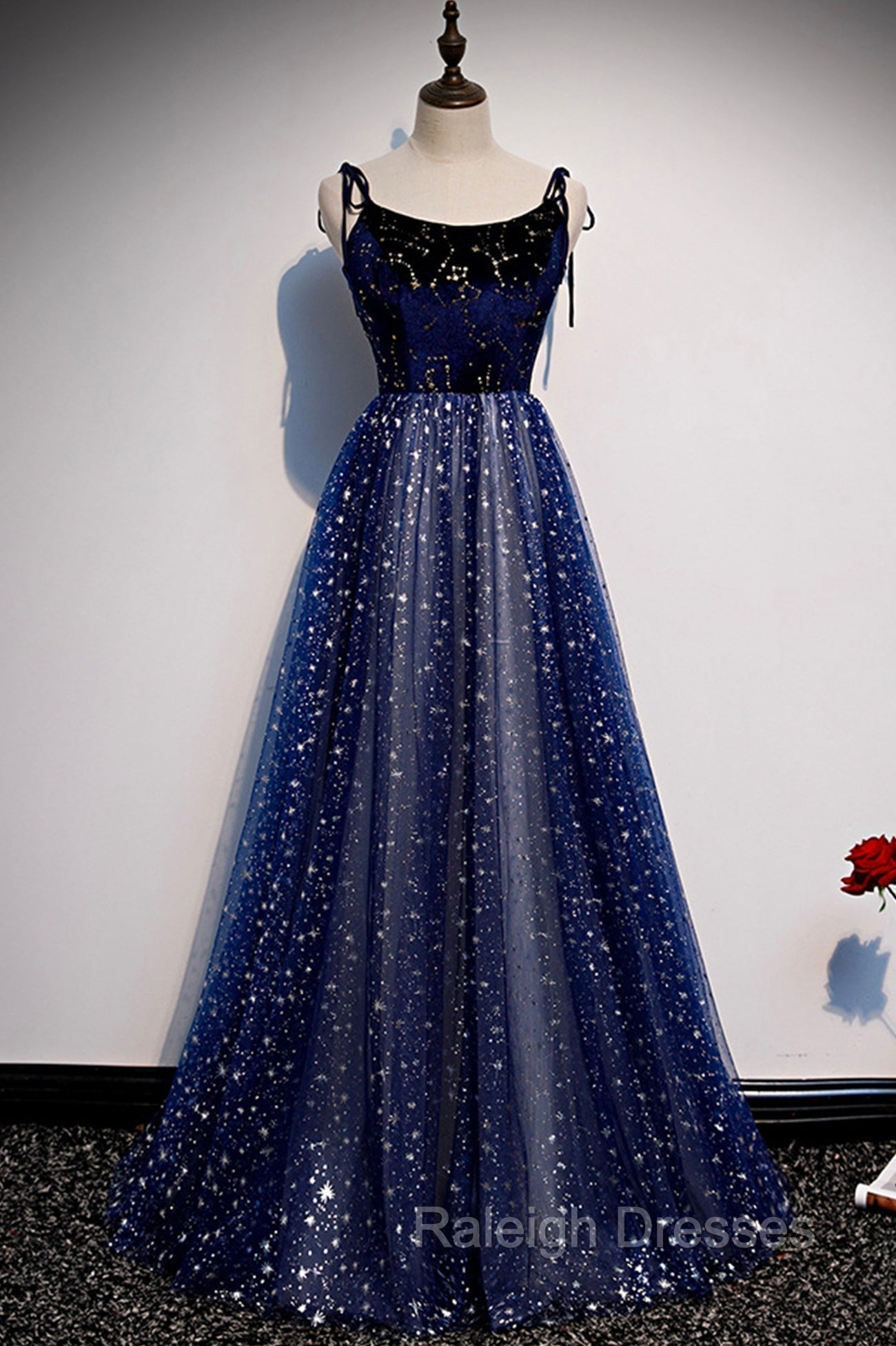 Blue Velvet Tulle Long A-Line Prom Dress, Blue Spaghetti Straps Evening Dress Main image