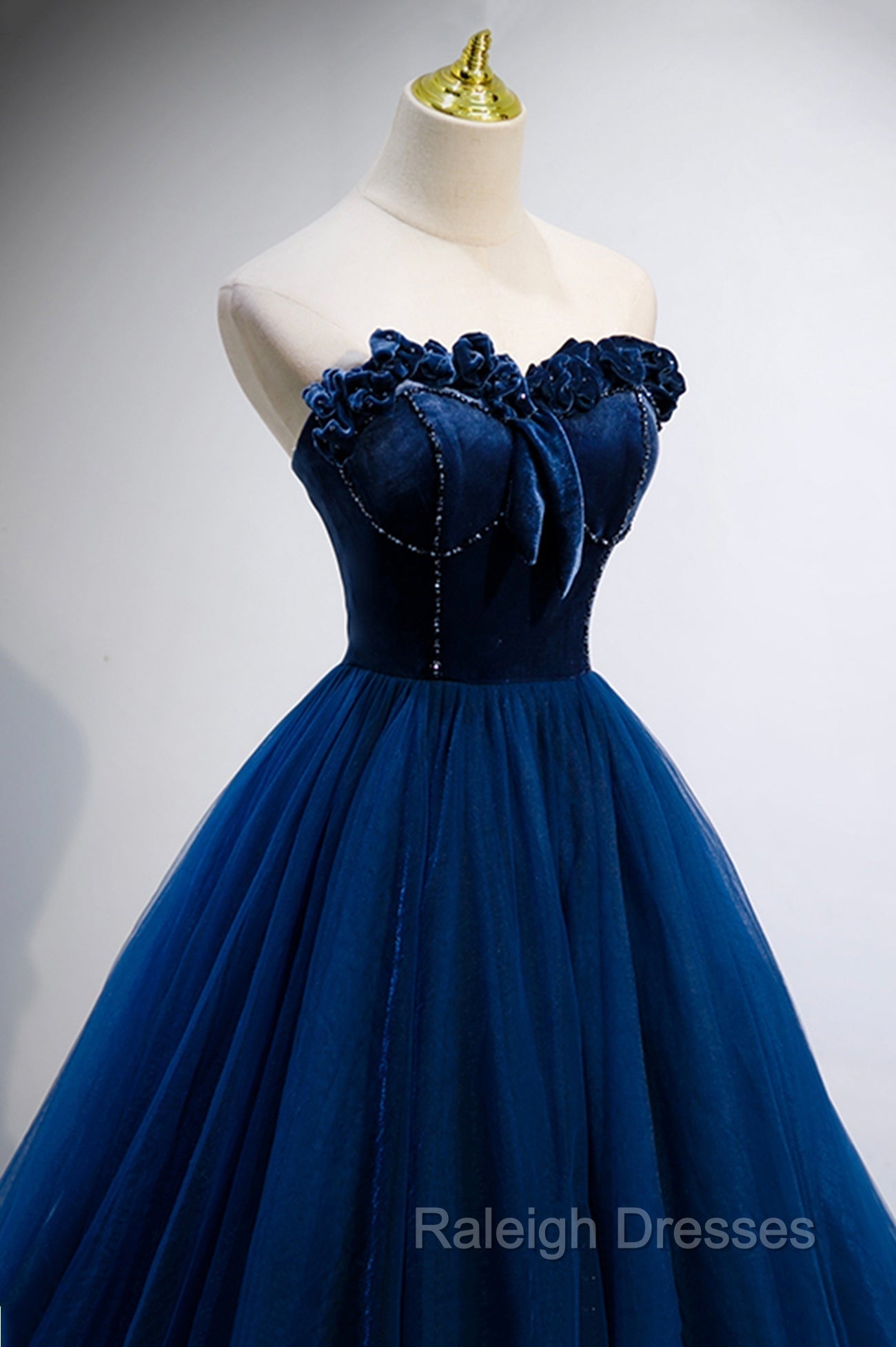 Blue Velvet Tulle Long A-Line Prom Dress, Blue Strapless Formal Evening Dress Secondary image