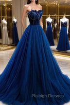Blue Velvet Tulle Long A-Line Prom Dress, Blue Strapless Formal Evening Dress