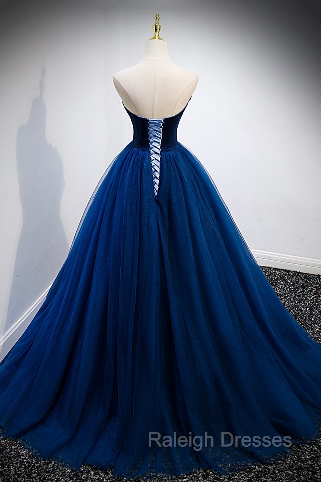 Blue Velvet Tulle Long A Line Prom Dress, Blue Strapless Formal Prom Dress