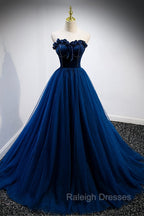 Blue Velvet Tulle Long A Line Prom Dress, Blue Strapless Formal Prom Dress