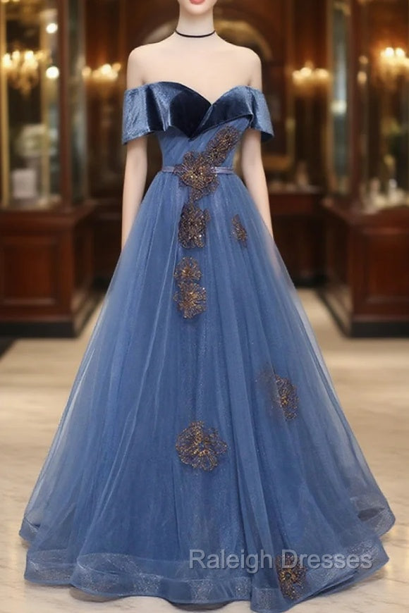 Blue Velvet Tulle Long A Line Prom Dress, Off the Shoulder Prom Dress Secondary image