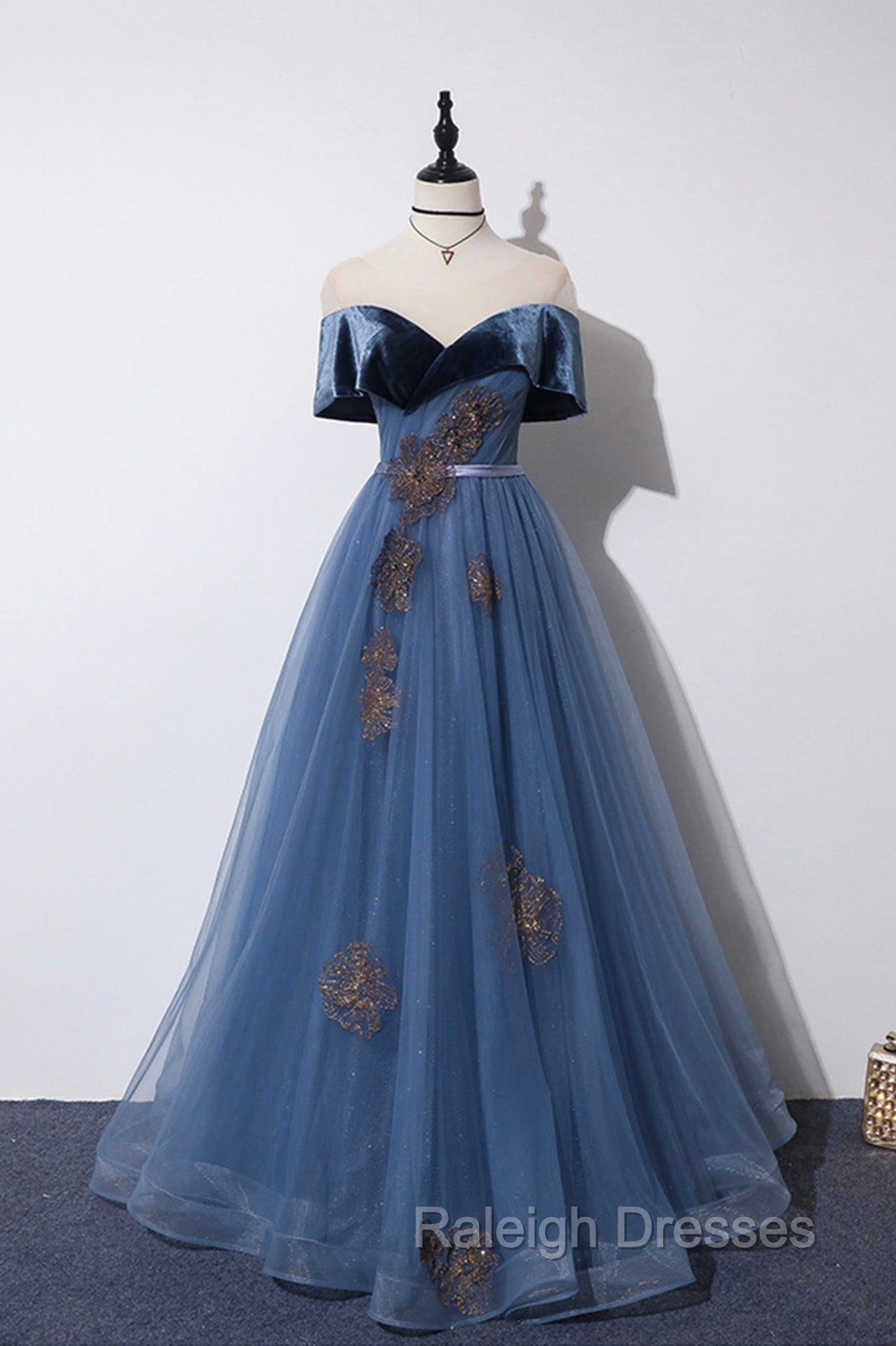Blue Velvet Tulle Long A-Line Prom Dress, Off the Shoulder Evening Dress Main image