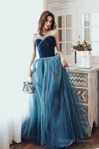Blue Velvet Tulle Long Formal Evening Dresses, A-Line Graduation Dresses