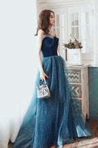 Blue Velvet Tulle Long Formal Evening Dresses, A-Line Graduation Dresses