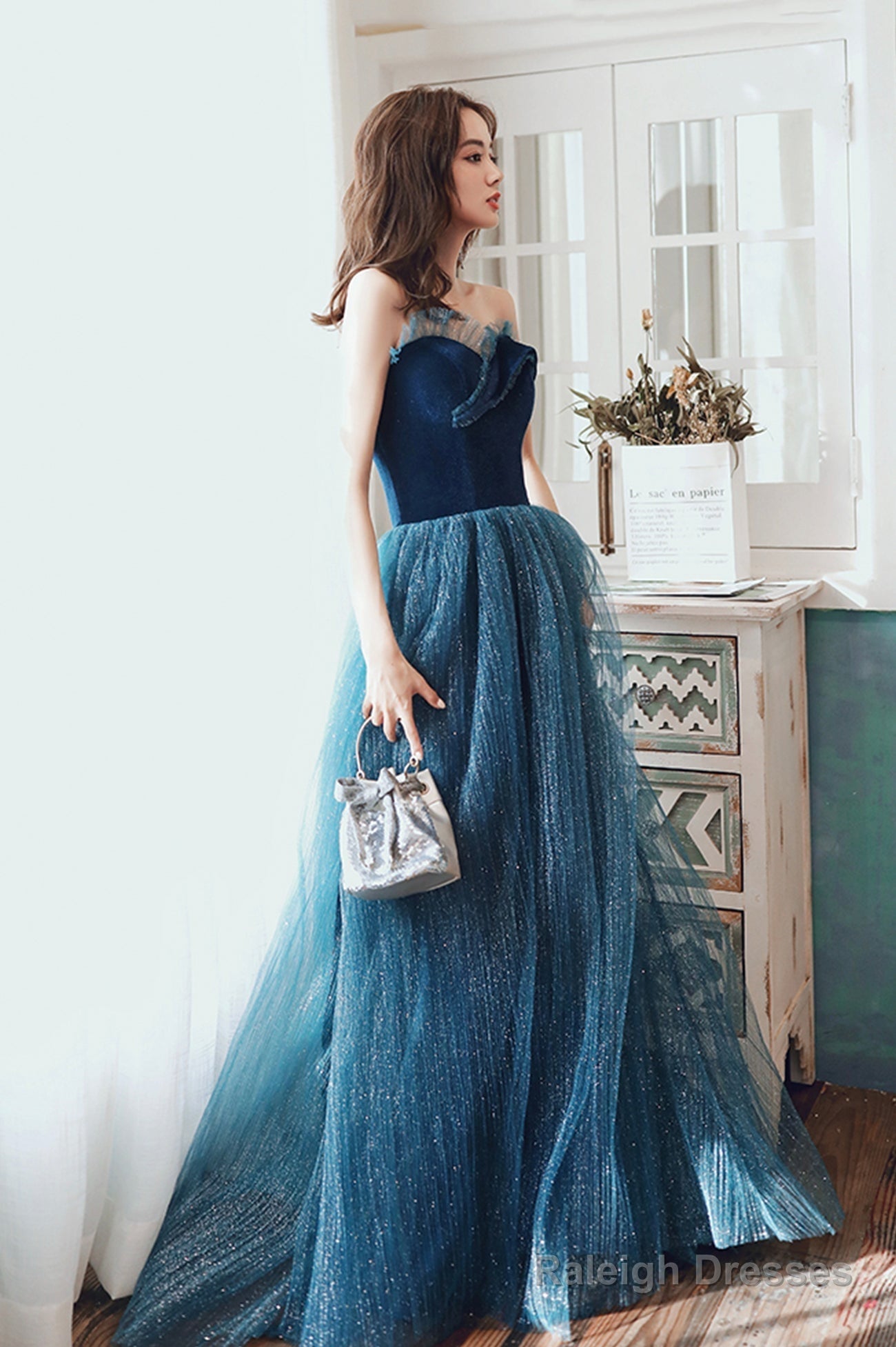 Blue Velvet Tulle Long Formal Evening Dresses, A-Line Graduation Dresses