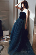 Blue Velvet Tulle Long Formal Evening Dresses, A-Line Graduation Dresses