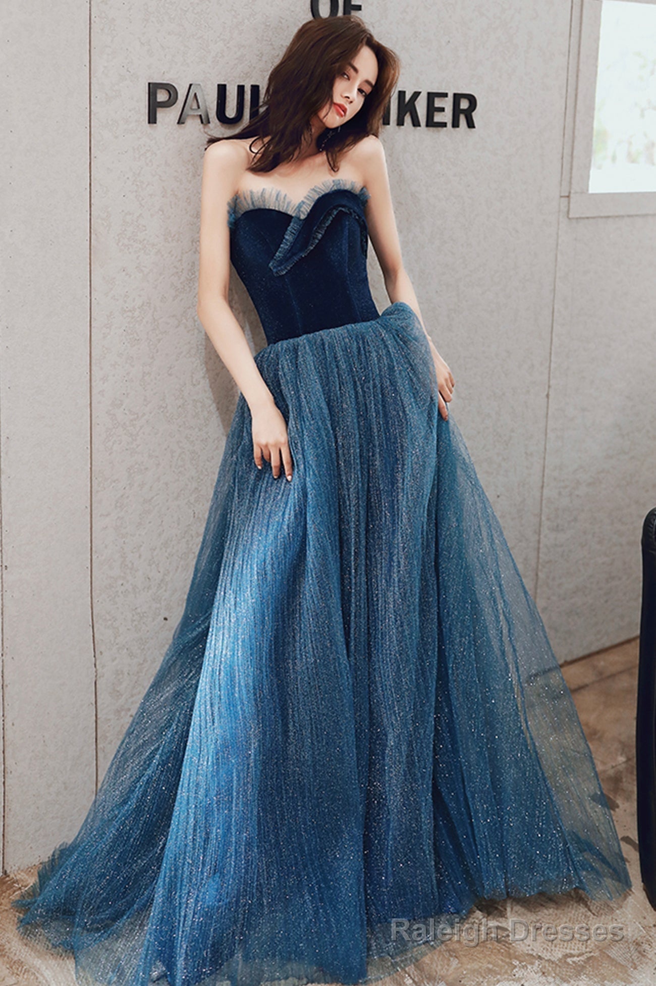 Blue Velvet Tulle Long Formal Evening Dresses, A-Line Graduation Dresses Main image