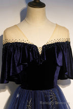 Blue Velvet Tulle Long Prom Dress, A Line Blue Prom Prom Dress