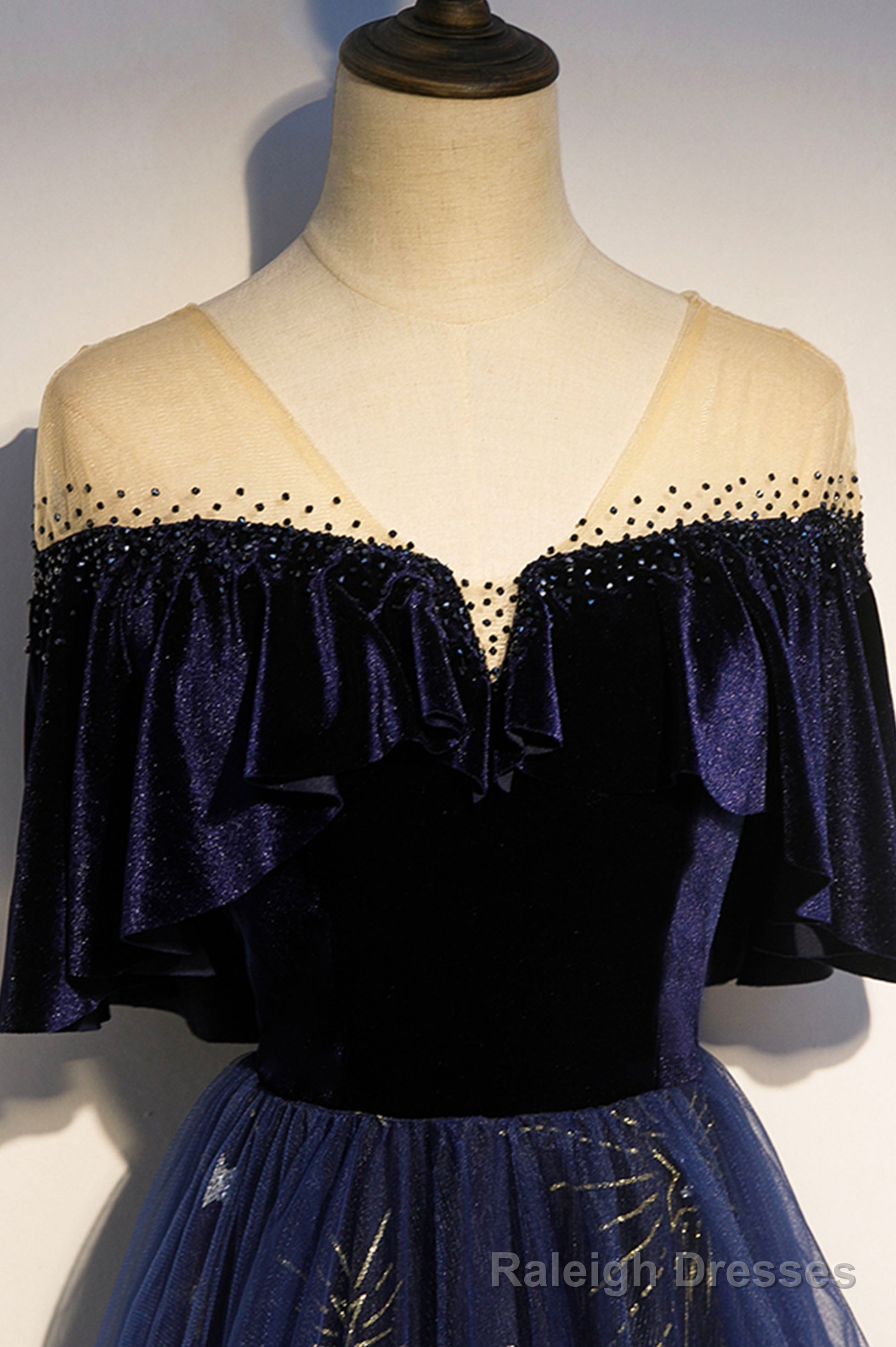 Blue Velvet Tulle Long Prom Dress, A Line Blue Prom Prom Dress