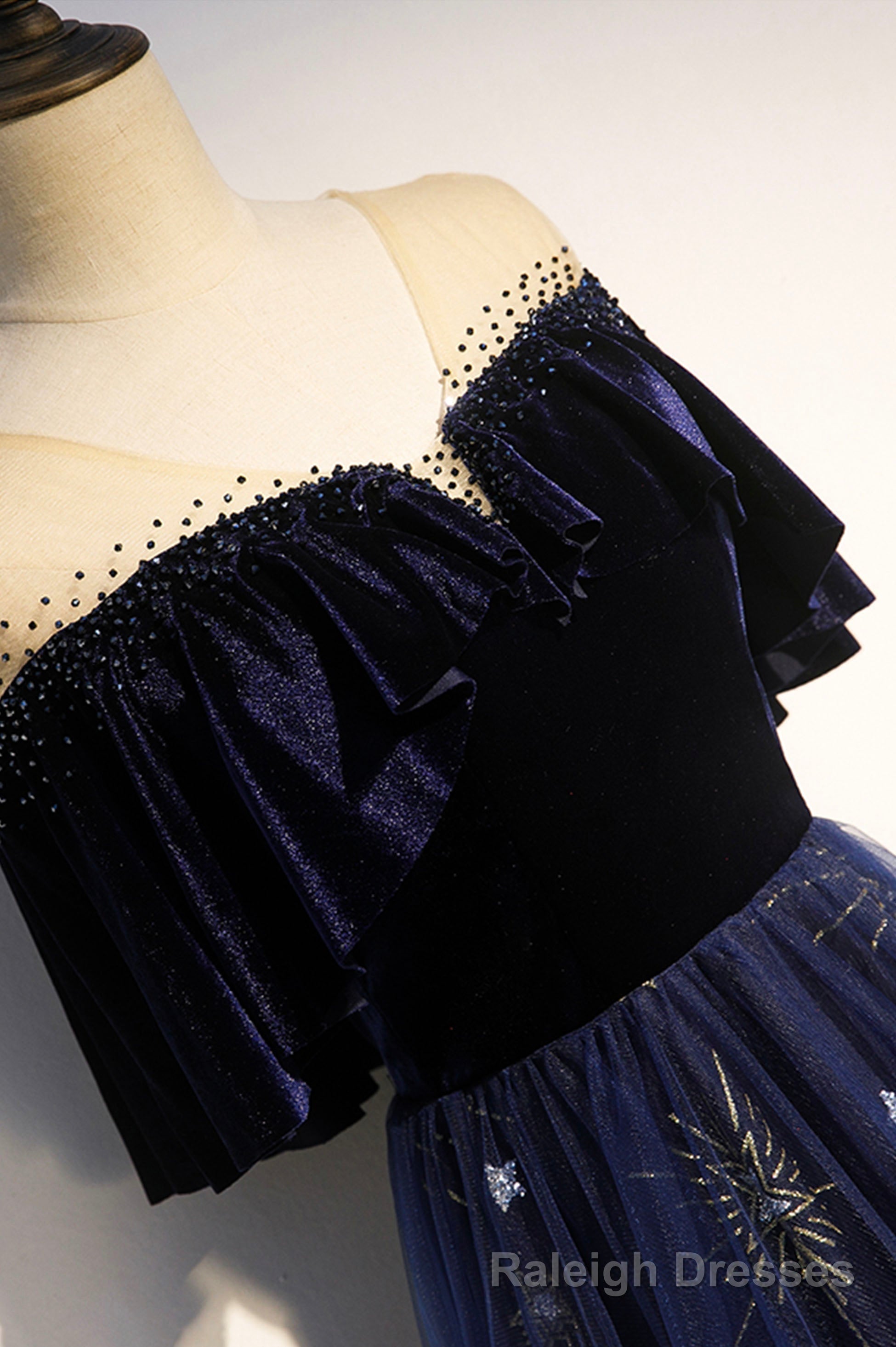 Blue Velvet Tulle Long Prom Dress, A-Line Blue Evening Party Dress