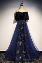 Blue Velvet Tulle Long Prom Dress, A-Line Blue Evening Party Dress