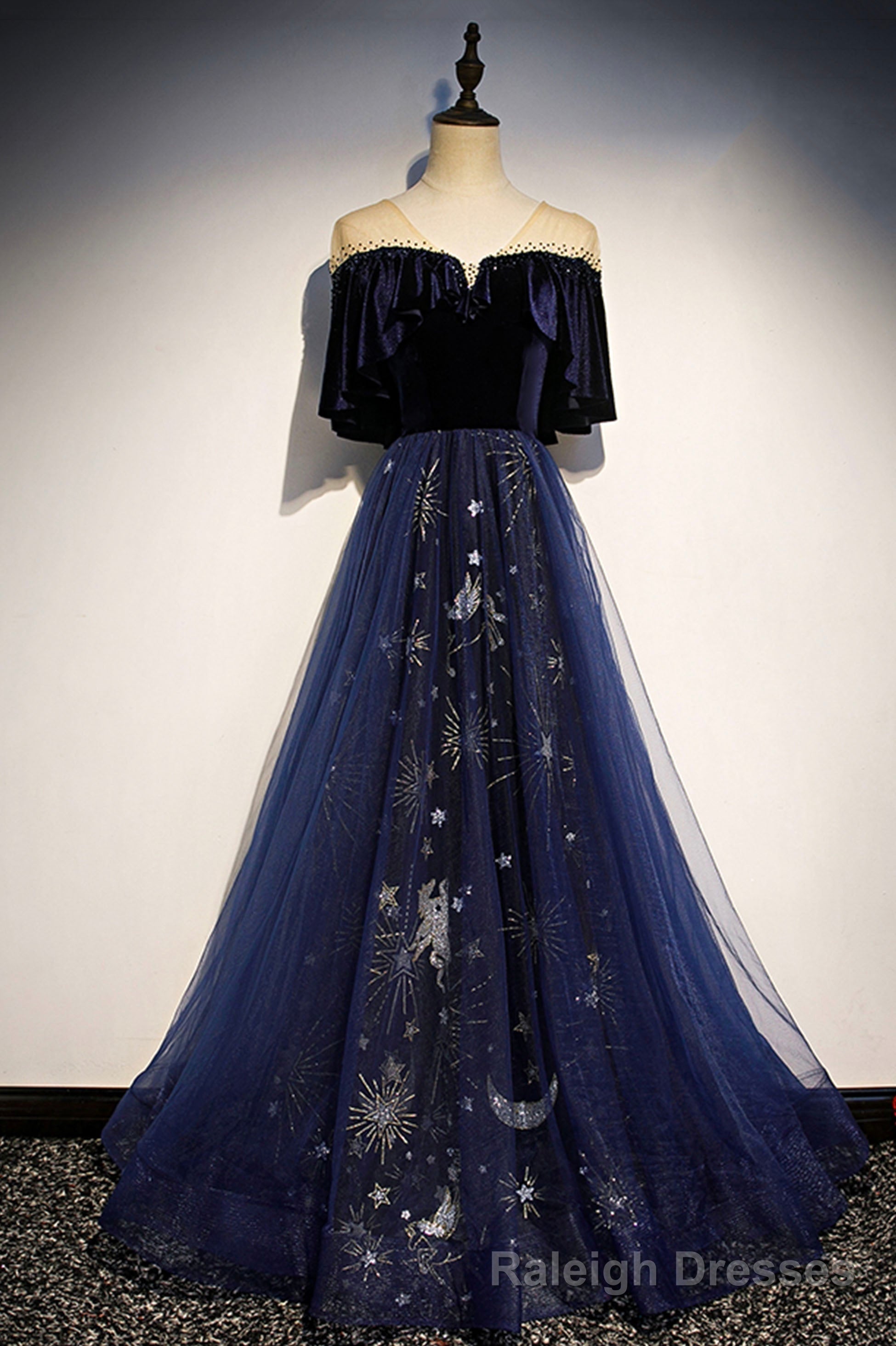 Blue Velvet Tulle Long Prom Dress, A-Line Blue Evening Party Dress