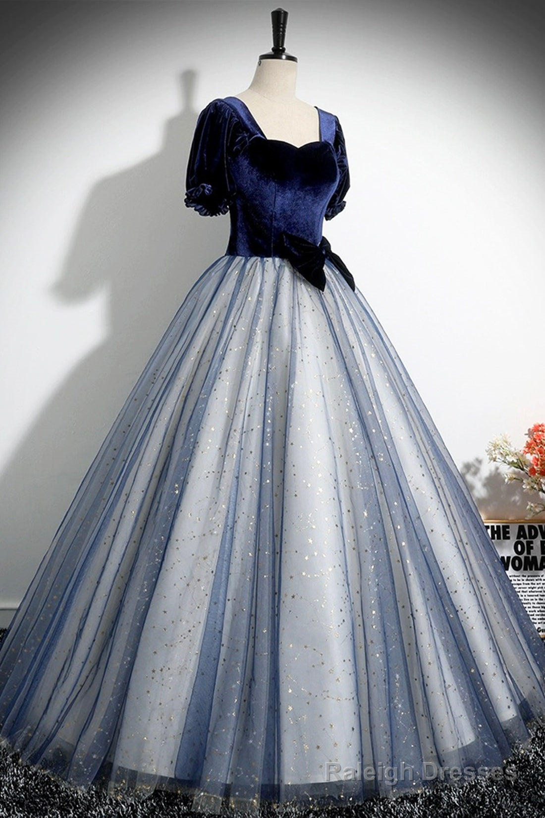 Blue Velvet Tulle Long Prom Dress, A-Line Short Sleeve Evening Party Dress