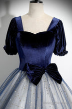 Blue Velvet Tulle Long Prom Dress, A-Line Short Sleeve Evening Party Dress