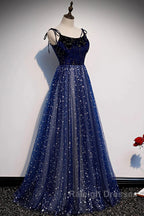Blue Velvet Tulle Long Prom Dress, Beautiful A-Line Evening Party Dress