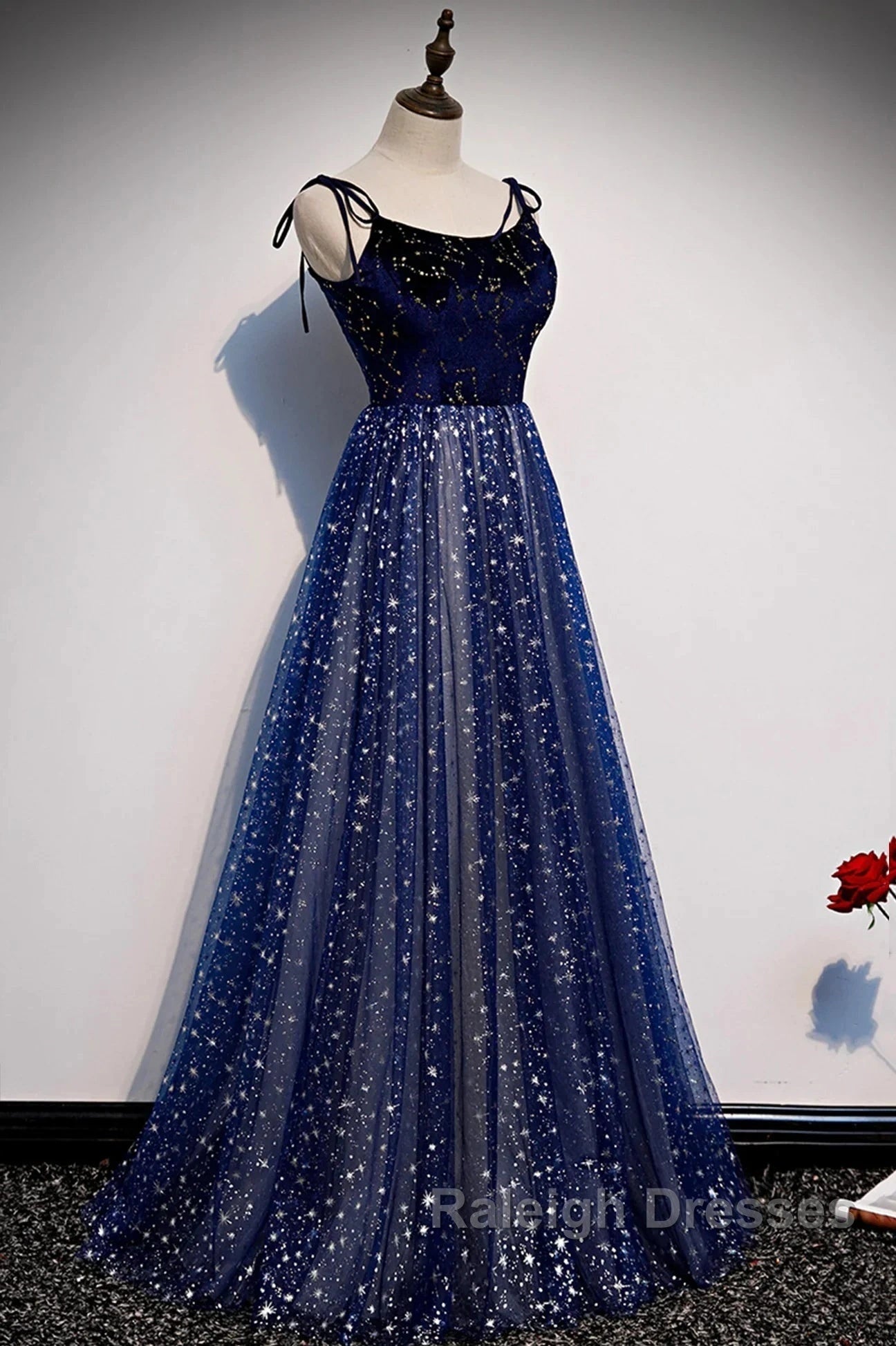 Blue Velvet Tulle Long Prom Dress, Beautiful A-Line Evening Party Dress