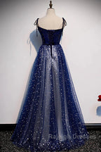 Blue Velvet Tulle Long Prom Dress, Beautiful A-Line Evening Party Dress