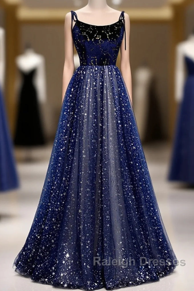 Blue Velvet Tulle Long Prom Dress, Beautiful A-Line Evening Party Dress Main image