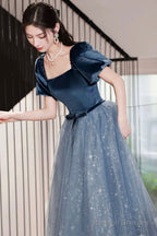 Blue Velvet Tulle Long Prom Dresses Beautiful Short Sleeve Prom Dresses