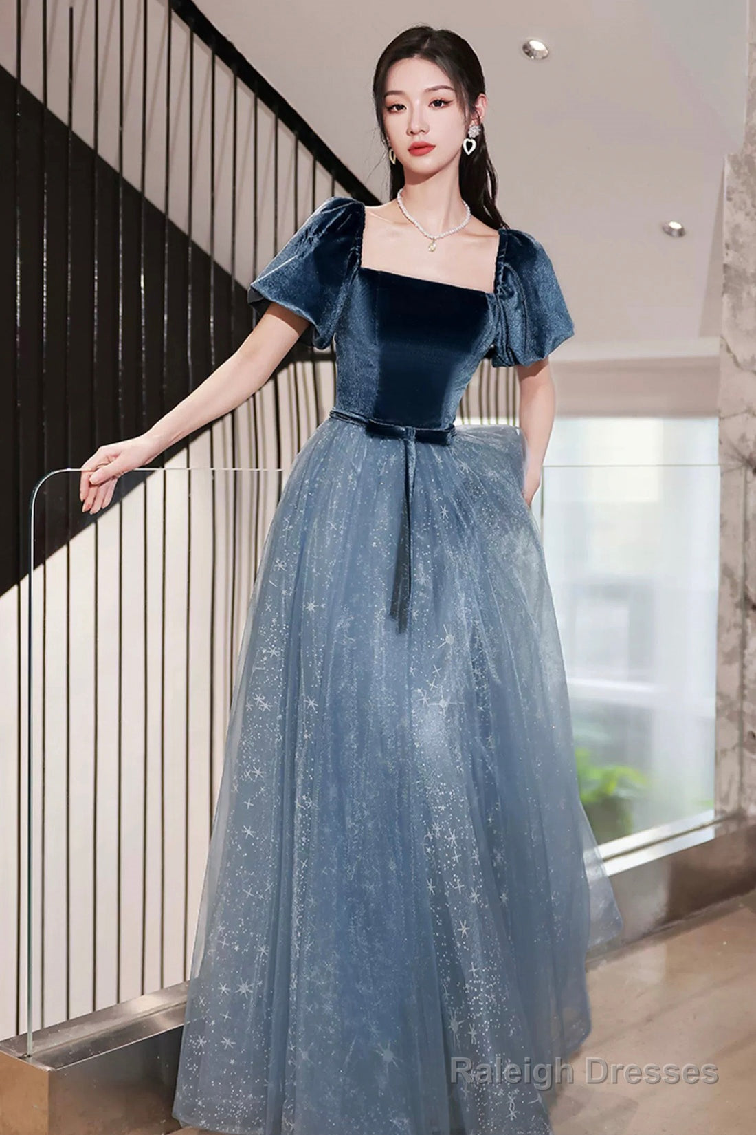 Blue Velvet Tulle Long Prom Dress, Beautiful Short Sleeve Evening Dress