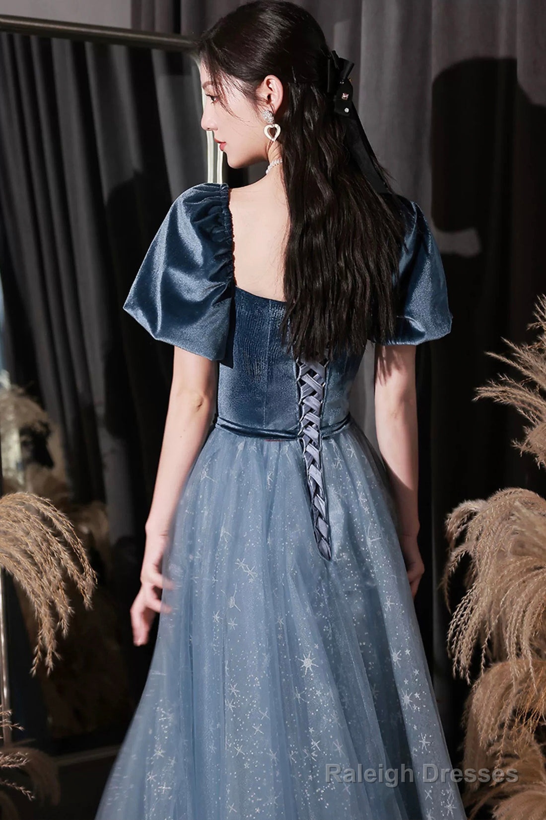 Blue Velvet Tulle Long Prom Dress, Beautiful Short Sleeve Evening Dress