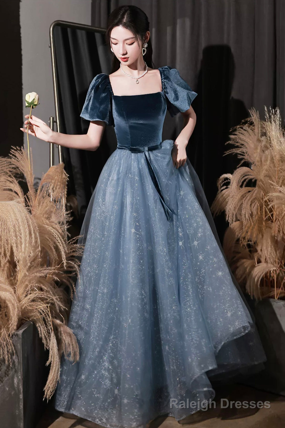 Blue Velvet Tulle Long Prom Dress, Beautiful Short Sleeve Evening Dress Main image