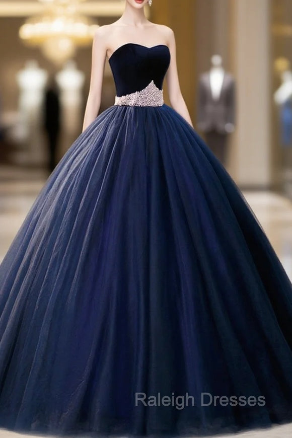 Blue Velvet Tulle Long Prom Dresses, Blue Prom Prom Dresses Secondary image