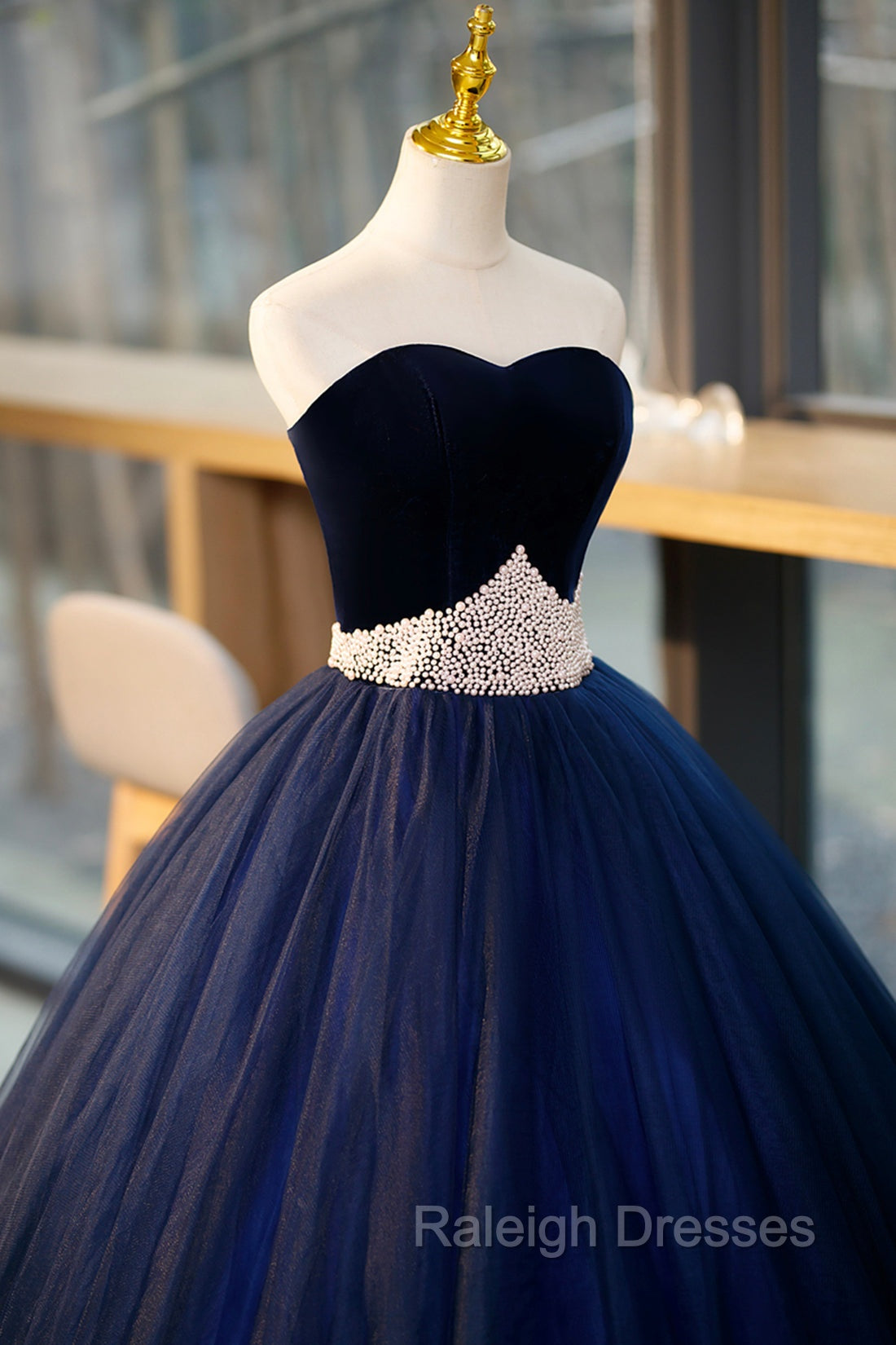 Blue Velvet Tulle Long Prom Dresses, Blue Prom Prom Dresses