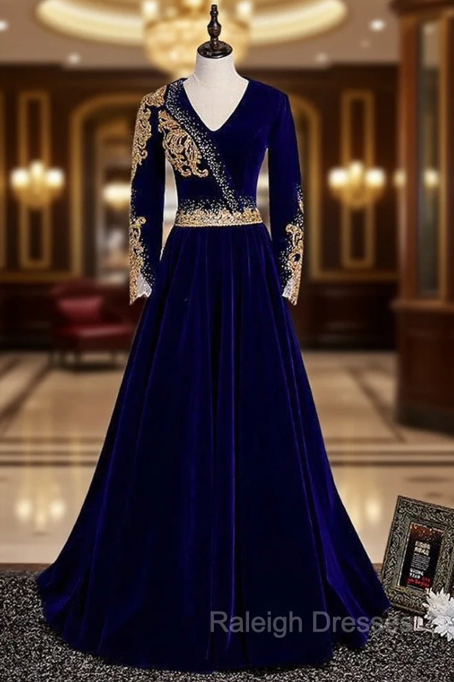 Blue Velvet V-neck Long Sleeve Gold Beading Prom Dress Main image
