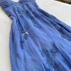Blue Vintage Elegant V Neck Exquisite Embroidery Applique Beading Long Chiffon Prom Dress Evening Gown Party Dress