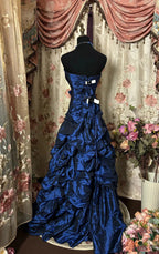 Blue Vintage Rhinestone Embellished Elegant Long Pleated Ball Gown Evening Dress