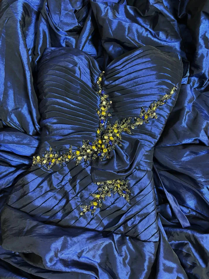 Blue Vintage Rhinestone Embellished Elegant Long Pleated Ball Gown Evening Dress