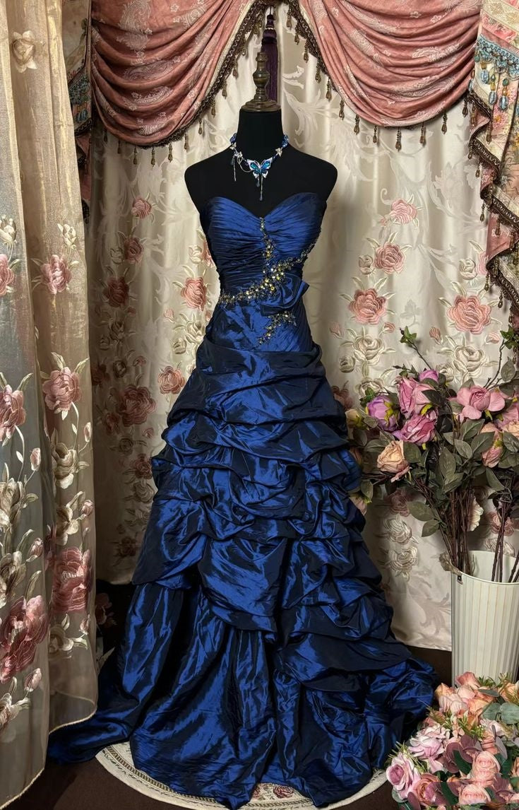 Blue Vintage Rhinestone Embellished Elegant Long Pleated Ball Gown Evening Dress Main image