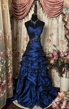 Blue Vintage Rhinestone Embellished Elegant Long Pleated Ball Gown Evening Dress