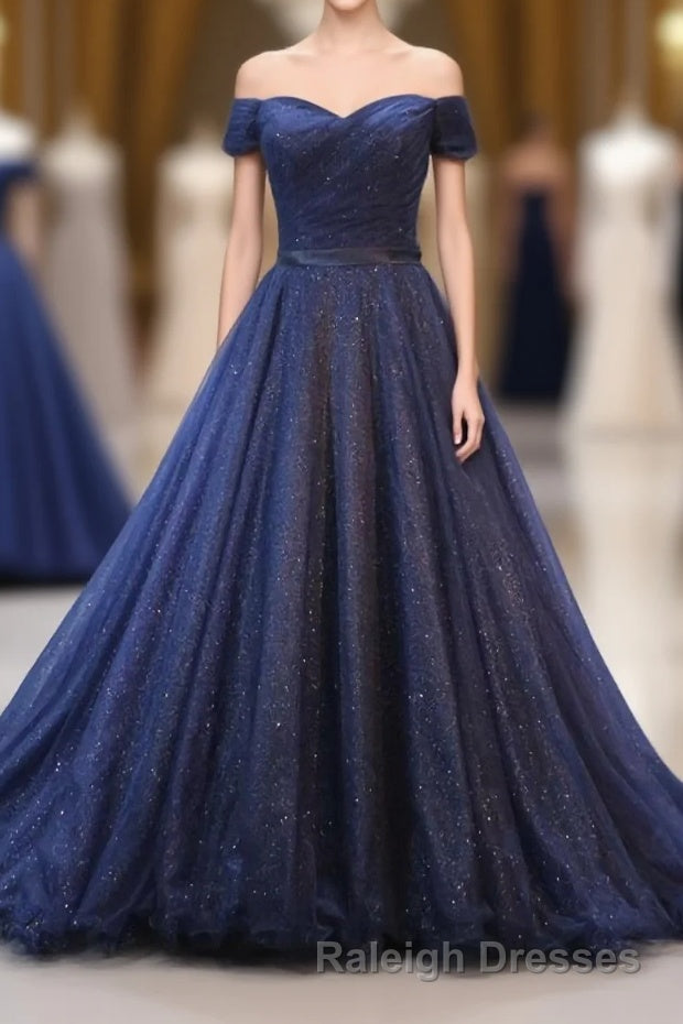 Dark Blue Shining Tulle Long Prom Dress, Evening Dress